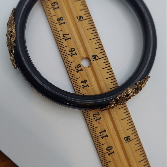 Vintage Black Acrylic Bangle Bracelet with Gold Decorations. - Picture 6 of 9